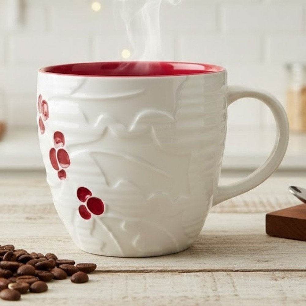 Starbucks 2010 White‎ Christmas Mug Red Holly Berries Embossed Ceramic Cup 16 oz